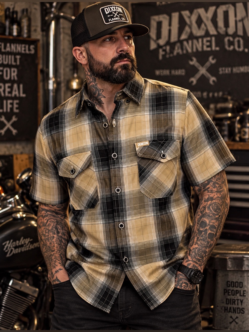 Dixxon The Convoy Bamboo Short Sleeve Shirt Men’s M Tan Black Plaid